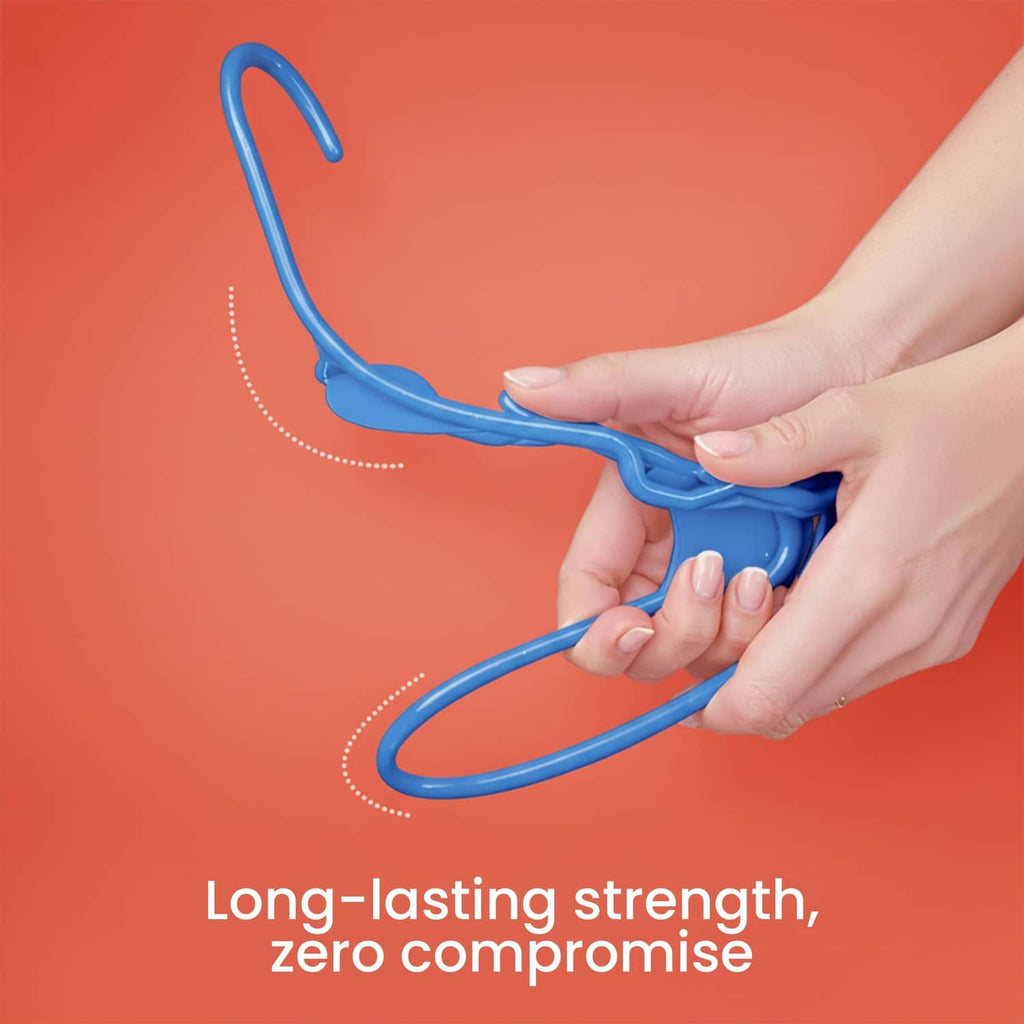Blue plastic hanger held by hand, curved shape for everyday strength