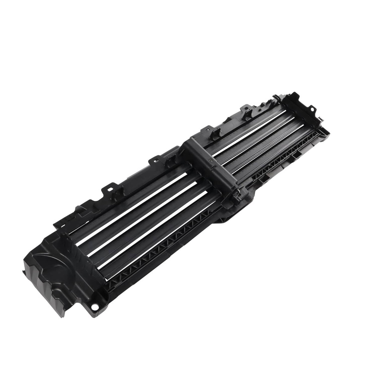Black upper radiator grille air shutter module with internal mesh and slat vents