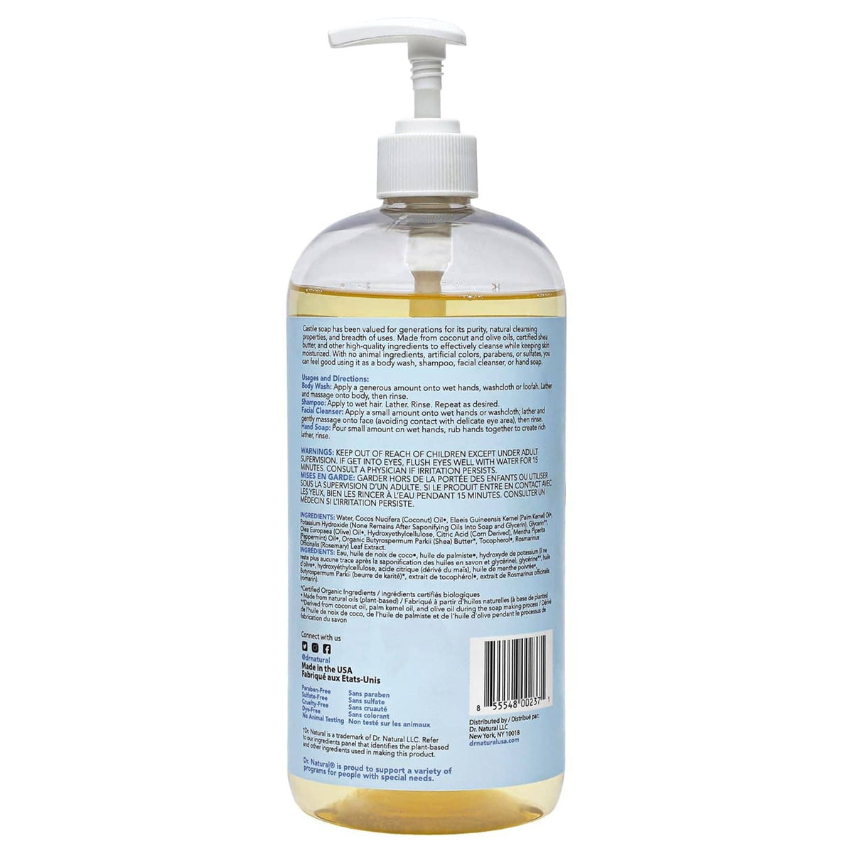Castile liquid soap bottle back label with barcode and pump dispenser.