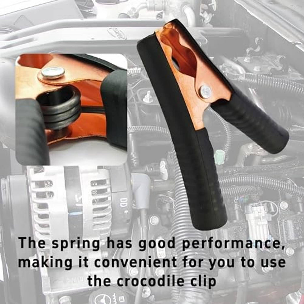 Black insulated alligator clip with copper jaw and visible metal spring latch