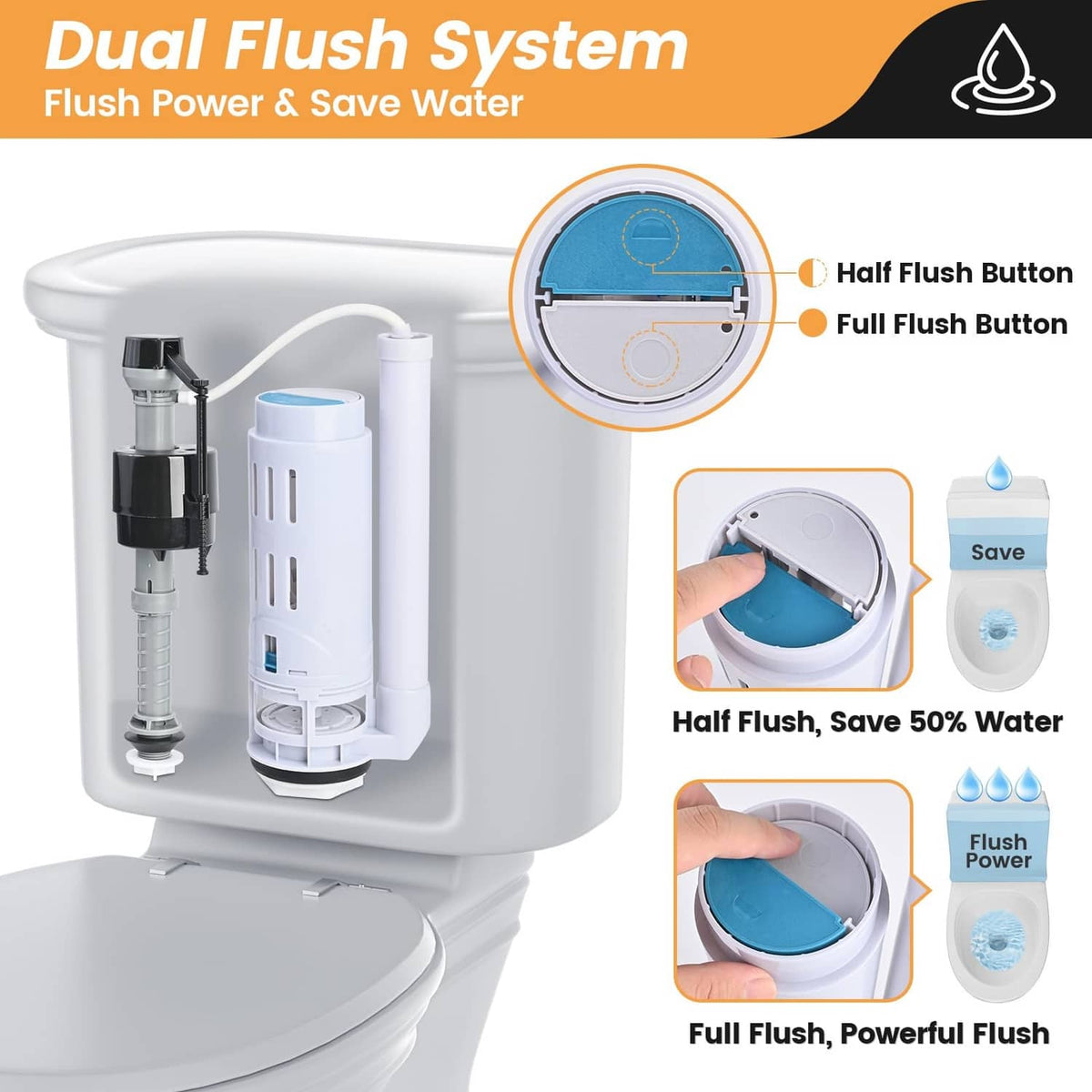 Dual flush toilet valve system kit with half-flush and full-flush buttons
