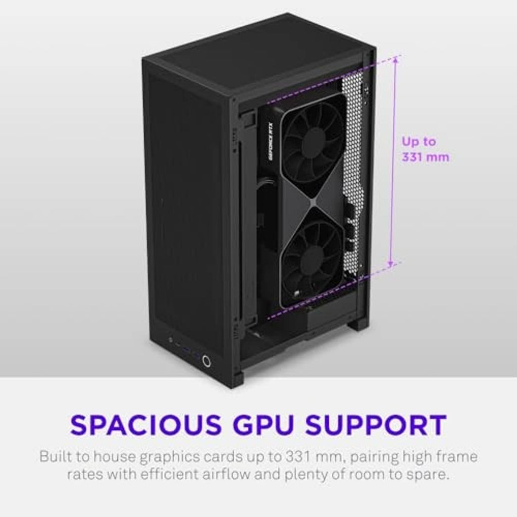 Black Mini-ITX PC case with side open, showing fan mount and GPU support space