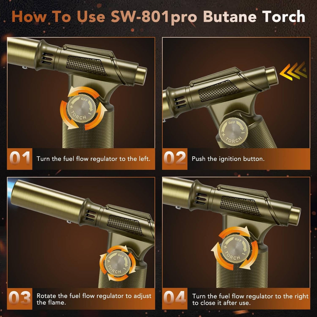 Gold butane micro torch with flame control dial and side ignition button