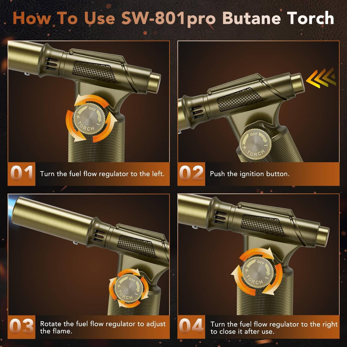 Gold butane micro torch with flame control dial and side ignition button