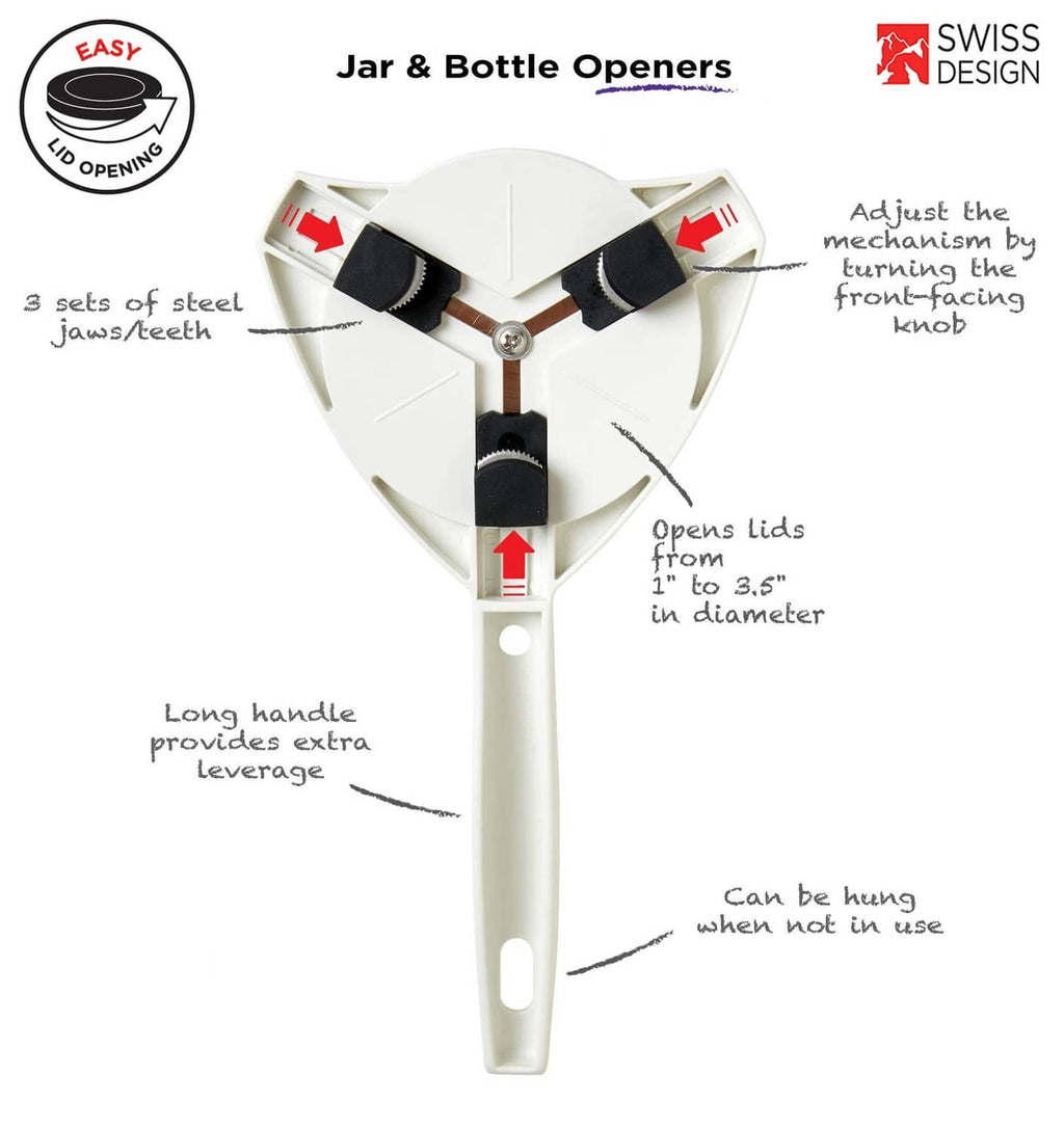 White jar and bottle opener with black gripping pads and rotating jaw head