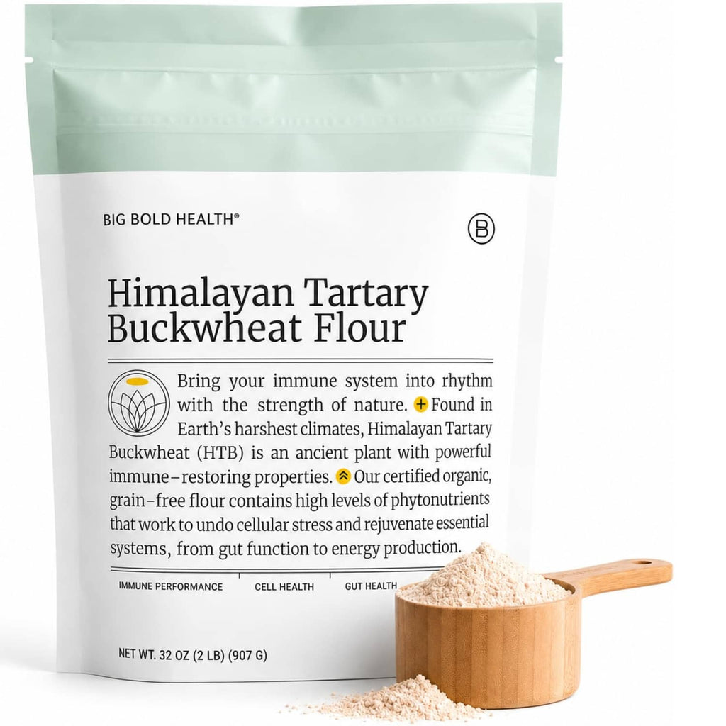 Organic Himalayan Tartary buckwheat flour pouch with wooden scoop of light-colored powder