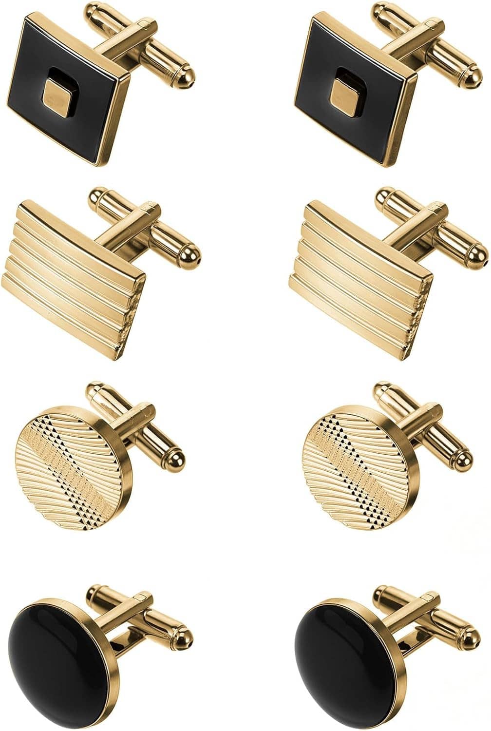 Set of 4 pairs gold-tone cufflinks: black square, striped, dotted round, black round.