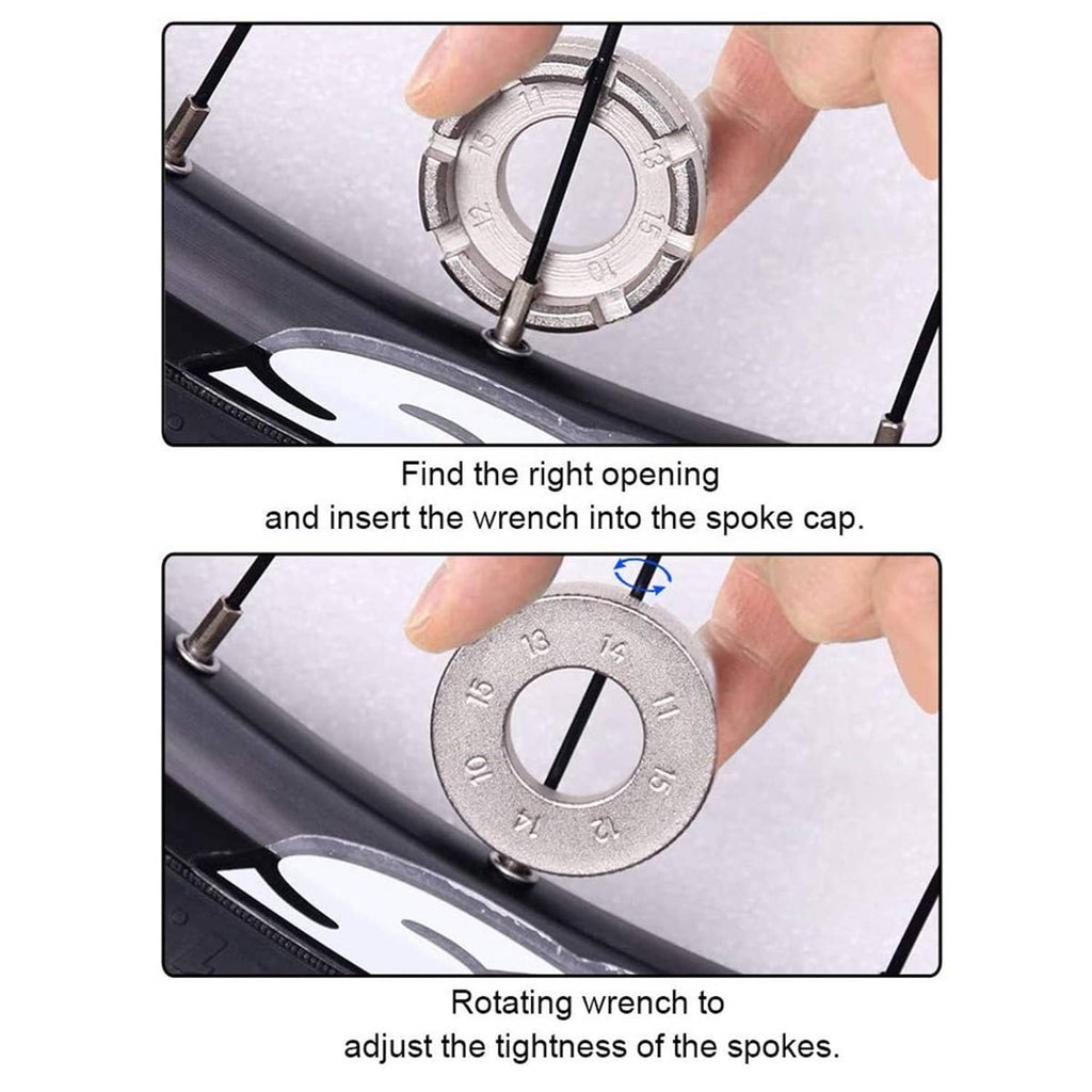 Bike spoke wrench inserted on spokes, rotating tool to adjust spoke tightness