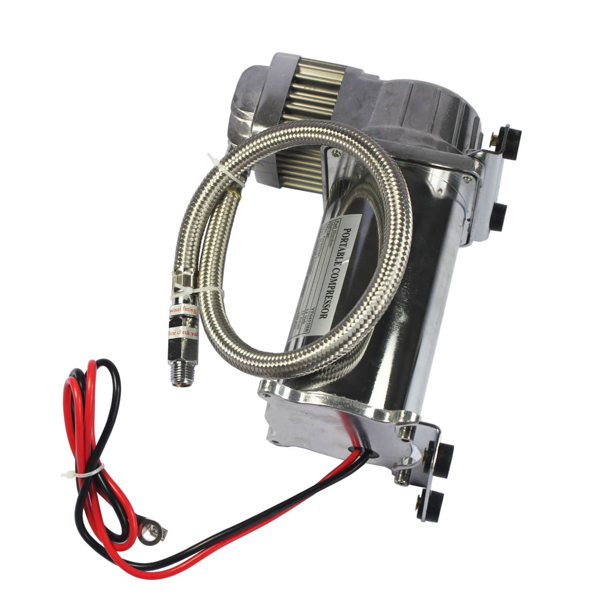 Onboard air compressor with chrome body, braided hoses, and red/black wire leads