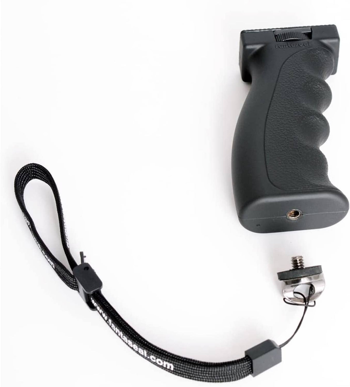 Black textured pistol grip with top screw mount and wrist strap attached