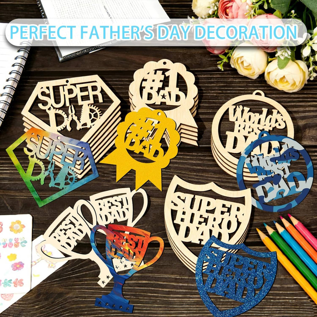 Unfinished wooden Father’s Day ornament set, multi-shape cutouts on dark tabletop