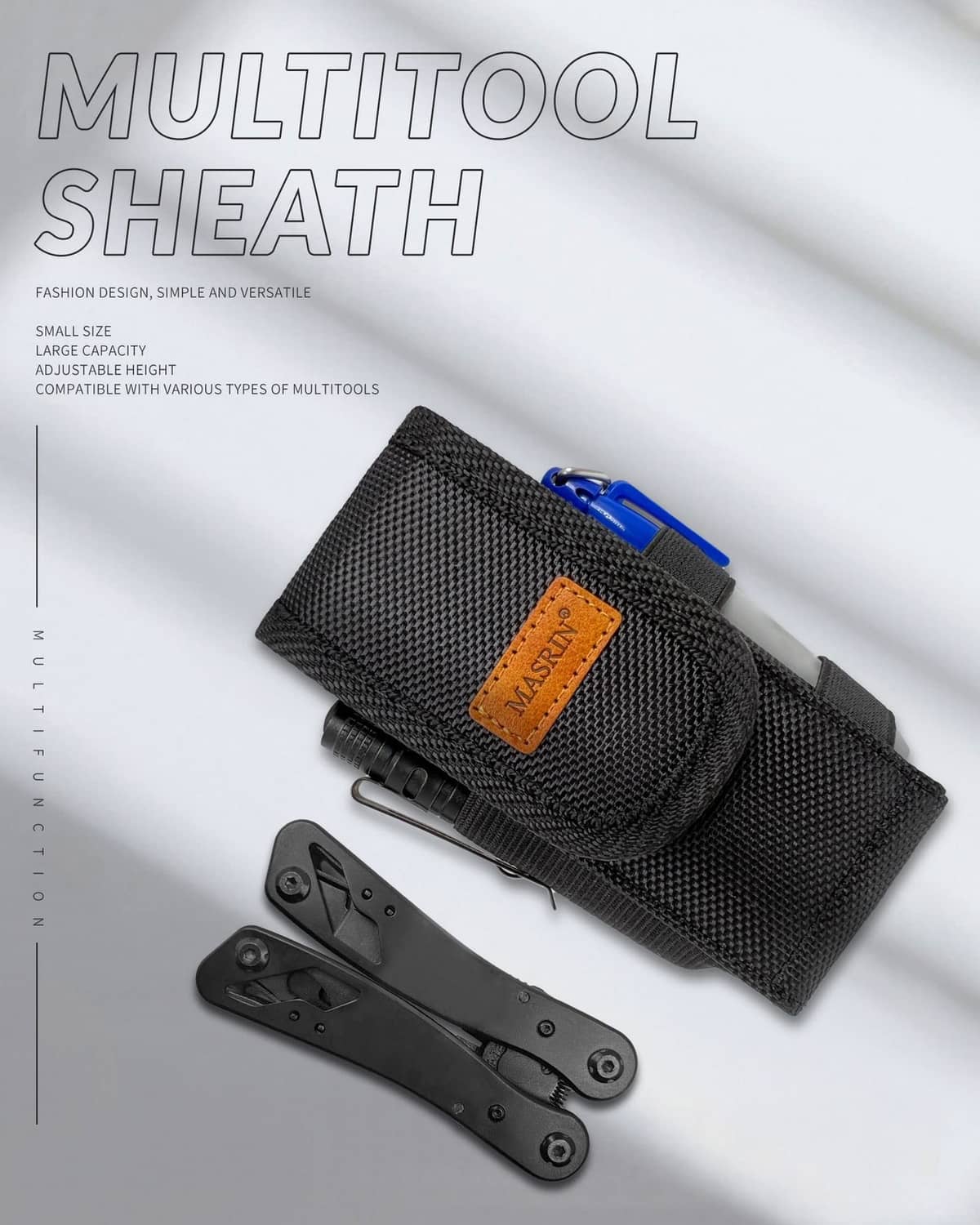 Black textured multitool sheath with orange label, shown with folding tools