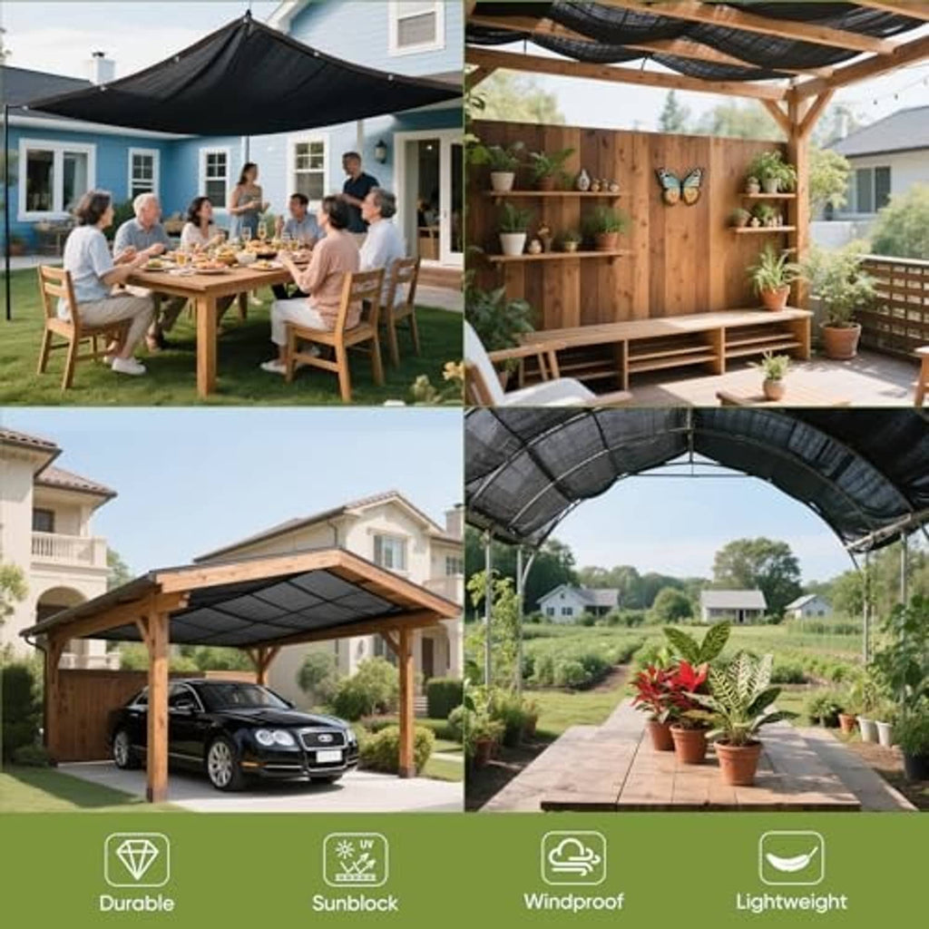 Black shade net canopy draped over outdoor seating and a wooden pergola