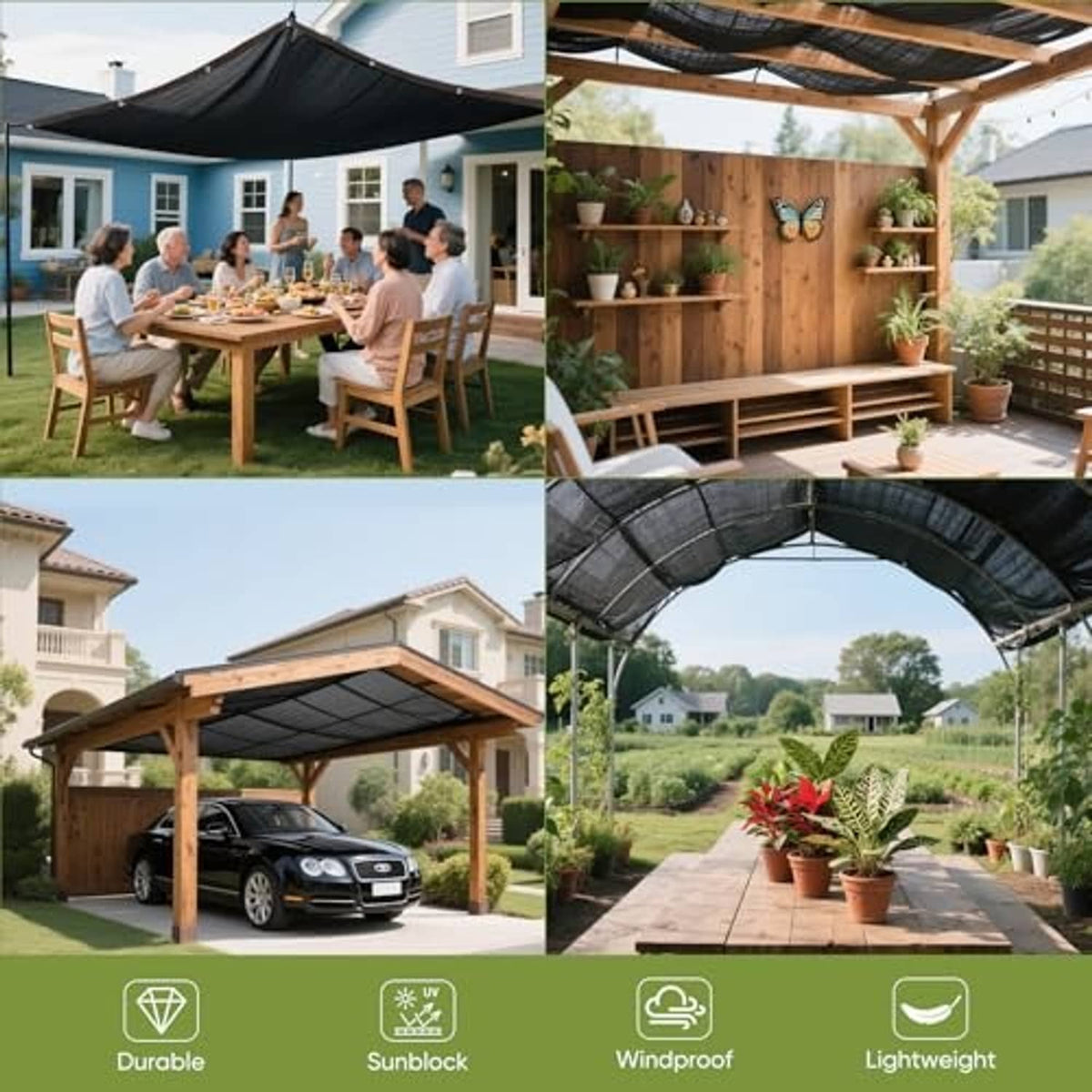 Black shade net canopy draped over outdoor seating and a wooden pergola