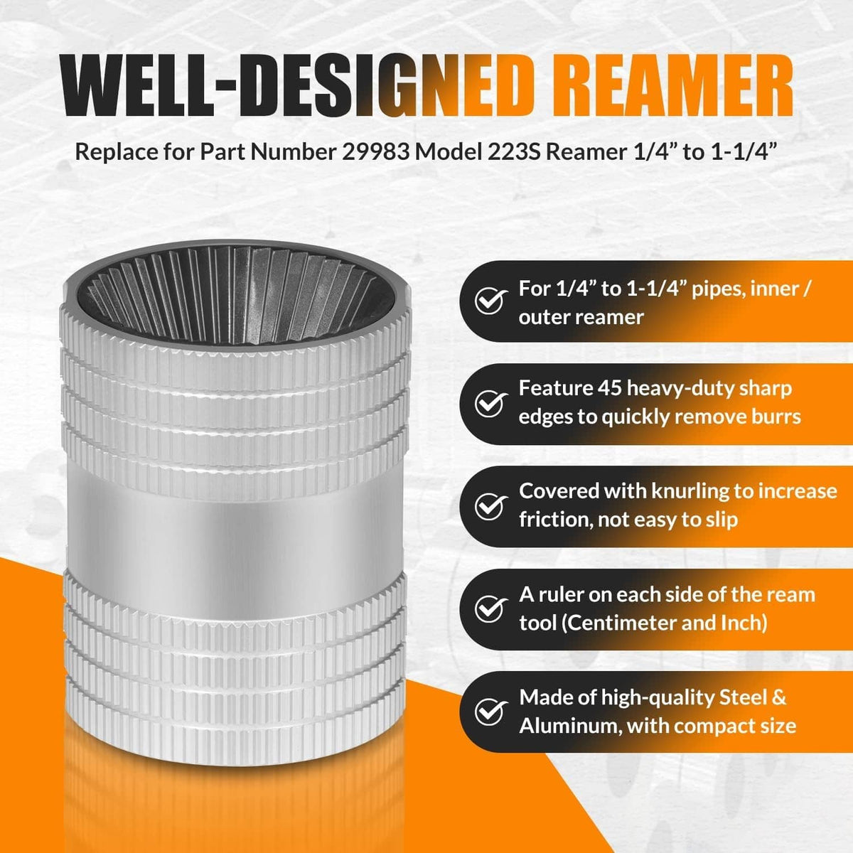 Metal reamer replacement tool with knurled exterior and radial cutting slots.