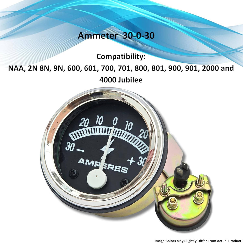 Tractor ammeter gauge with black dial, chrome ring, and two-wire terminal module