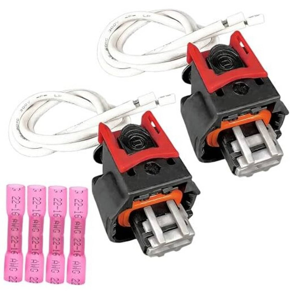 2-pin auto sensor connector harness, black housing with red tabs and white wire leads