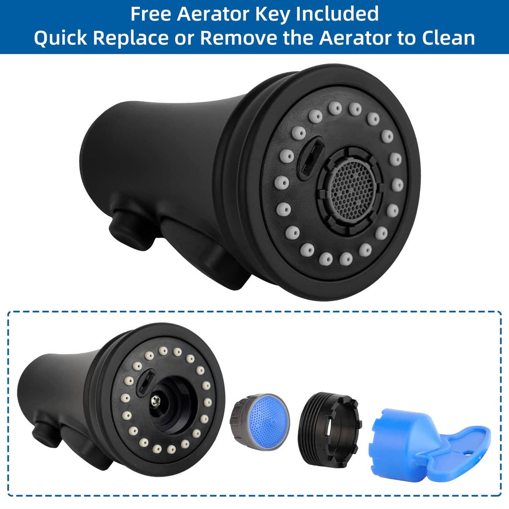 Matte black pull-down faucet head with aerator face and included cleaning key