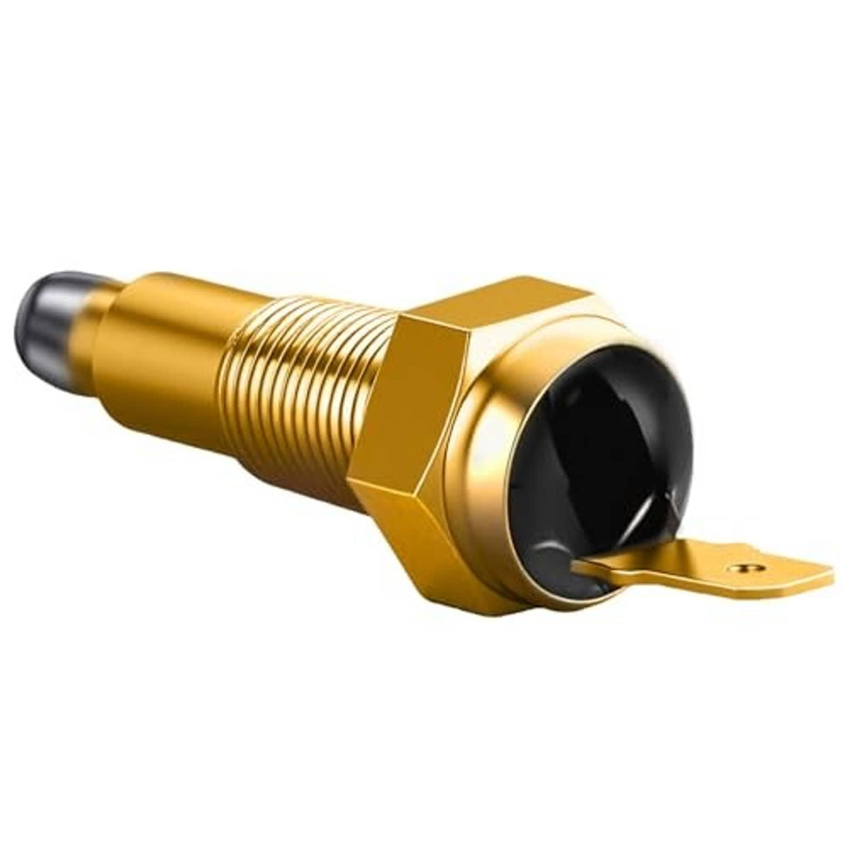 Thermostat fan switch with brass hex housing, threaded shaft, black sensor boot, spade tab