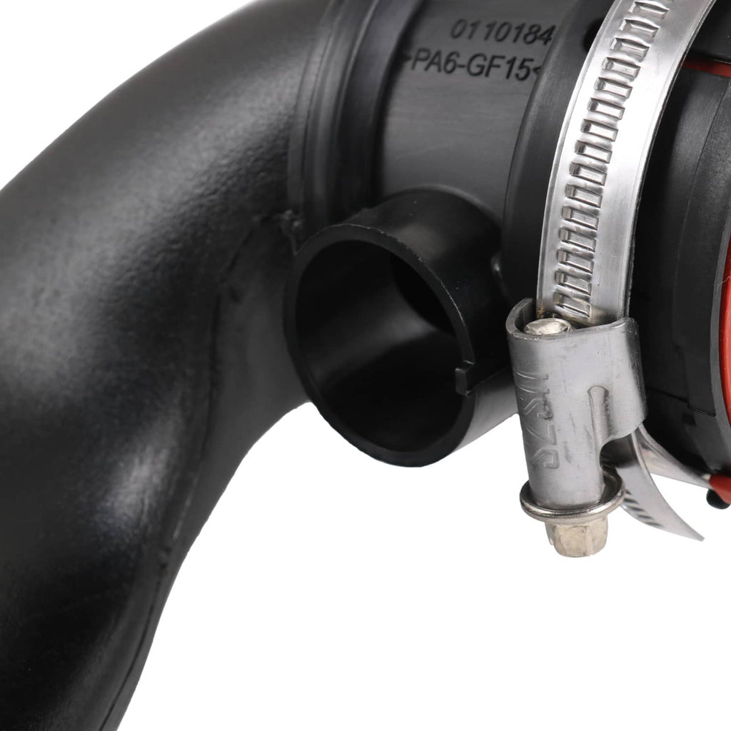 Air mass sensor air duct with circular intake opening and metal clamp