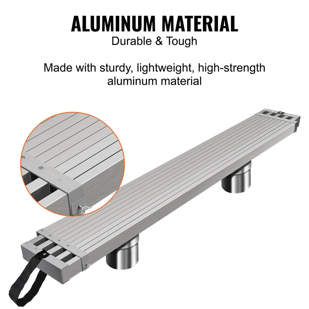Aluminum scaffold plank with ribbed surface and support legs, black strap grips