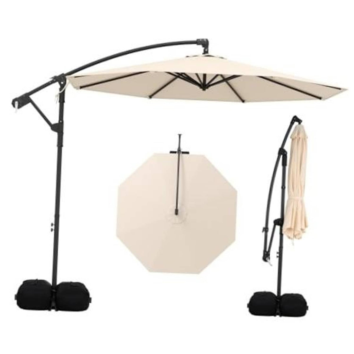 Offset cantilever patio umbrella with beige canopy and black frame, includes base weights