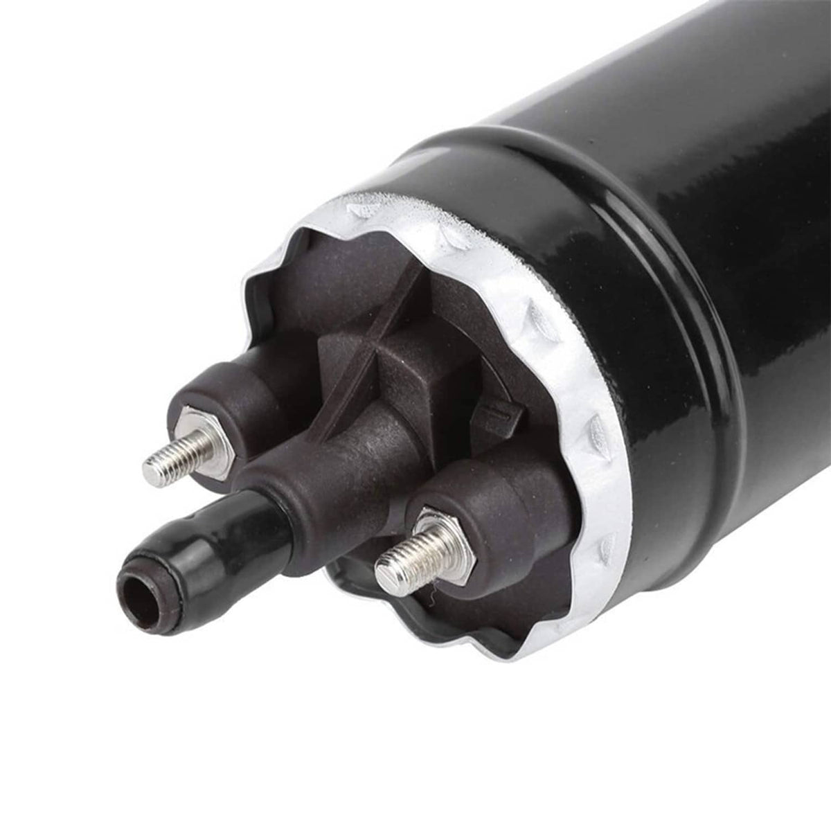 Inline electric fuel pump end cap with silver ring, bolts, and two black hose ports