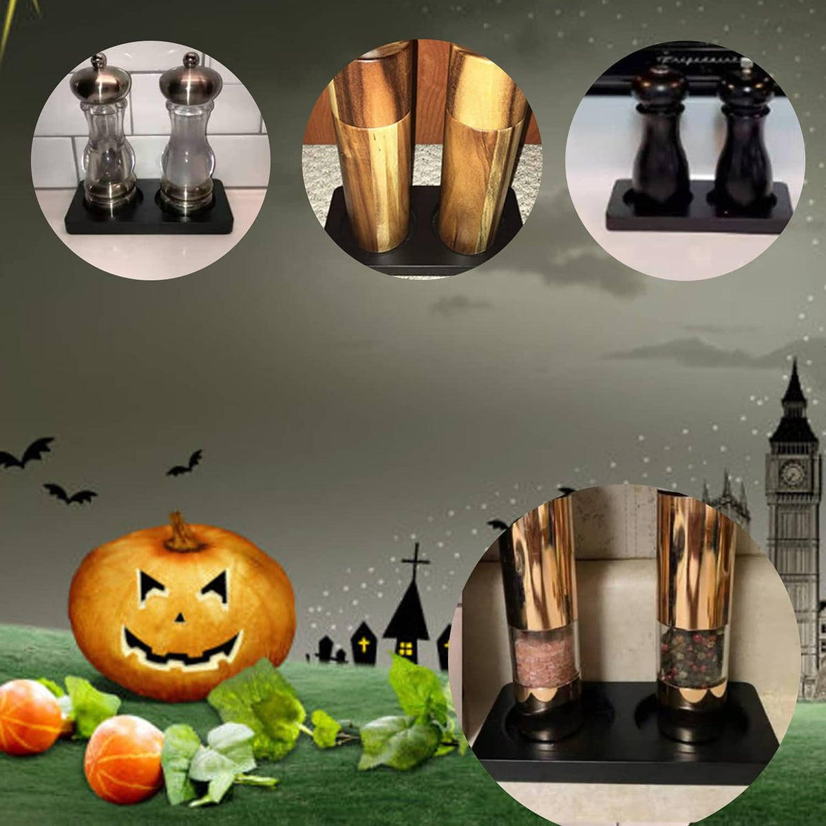 Black base salt and pepper mill tray holding two mills with wooden bodies