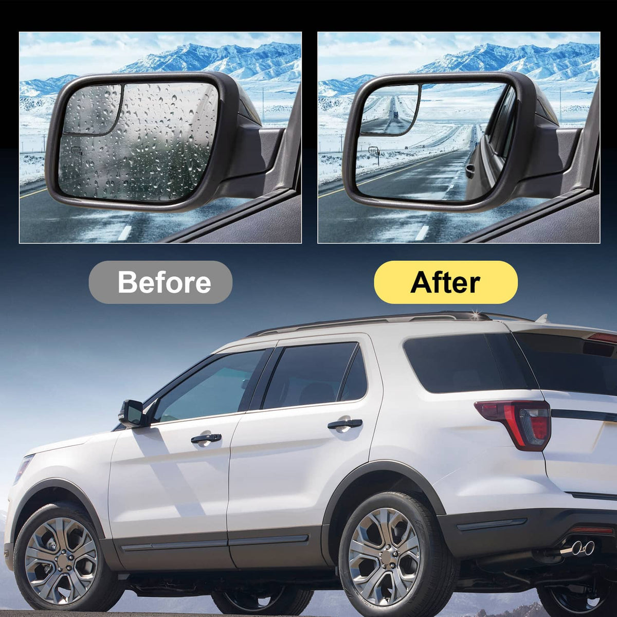 Driver-side heated mirror with LED puddle light, shown with raindrops