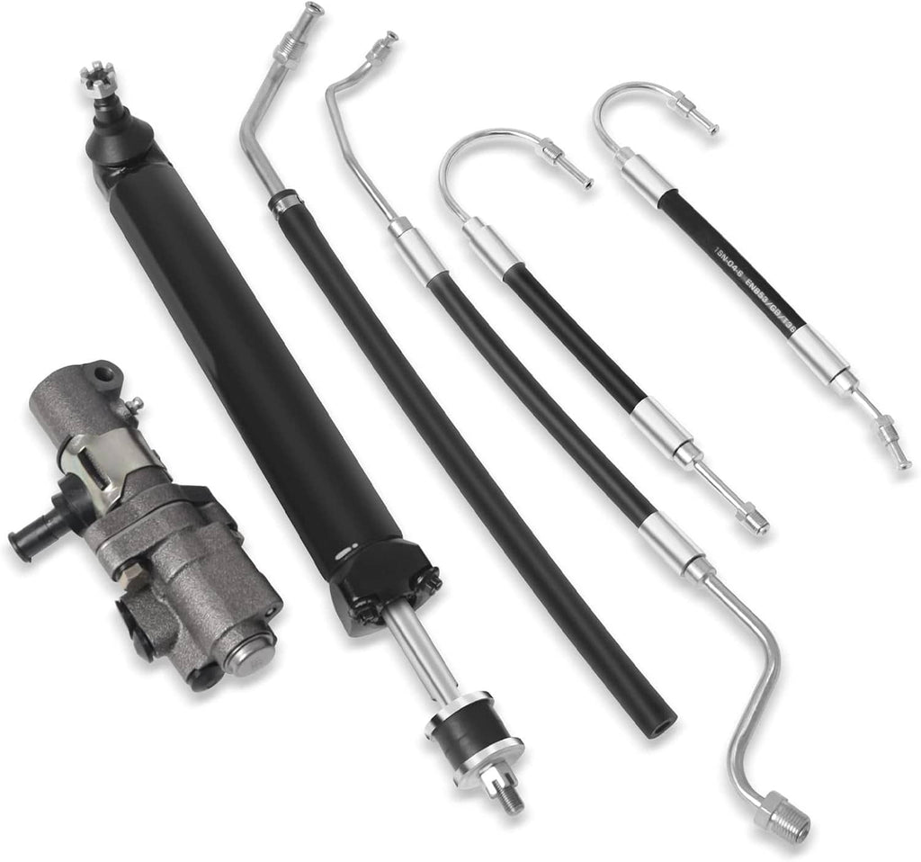 Power steering hose kit with black cylinder, chrome tubes, and metal hydraulic fittings