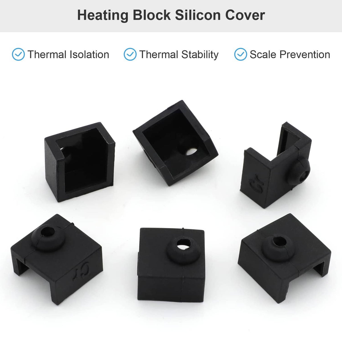 Six black heater block silicone covers, each with circular top opening and side cutout