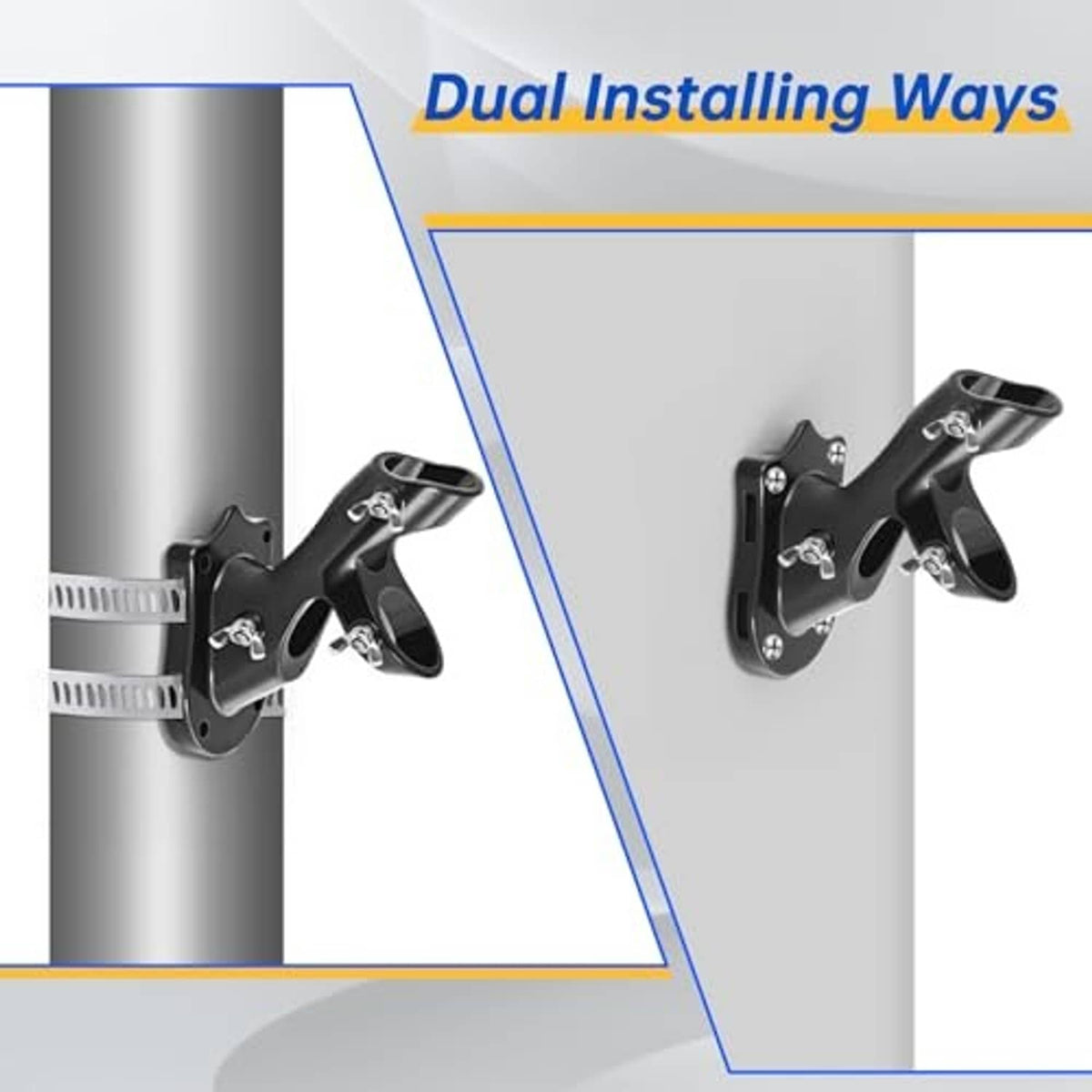 Black dual-install mounting brackets for flag pole on round poles or posts