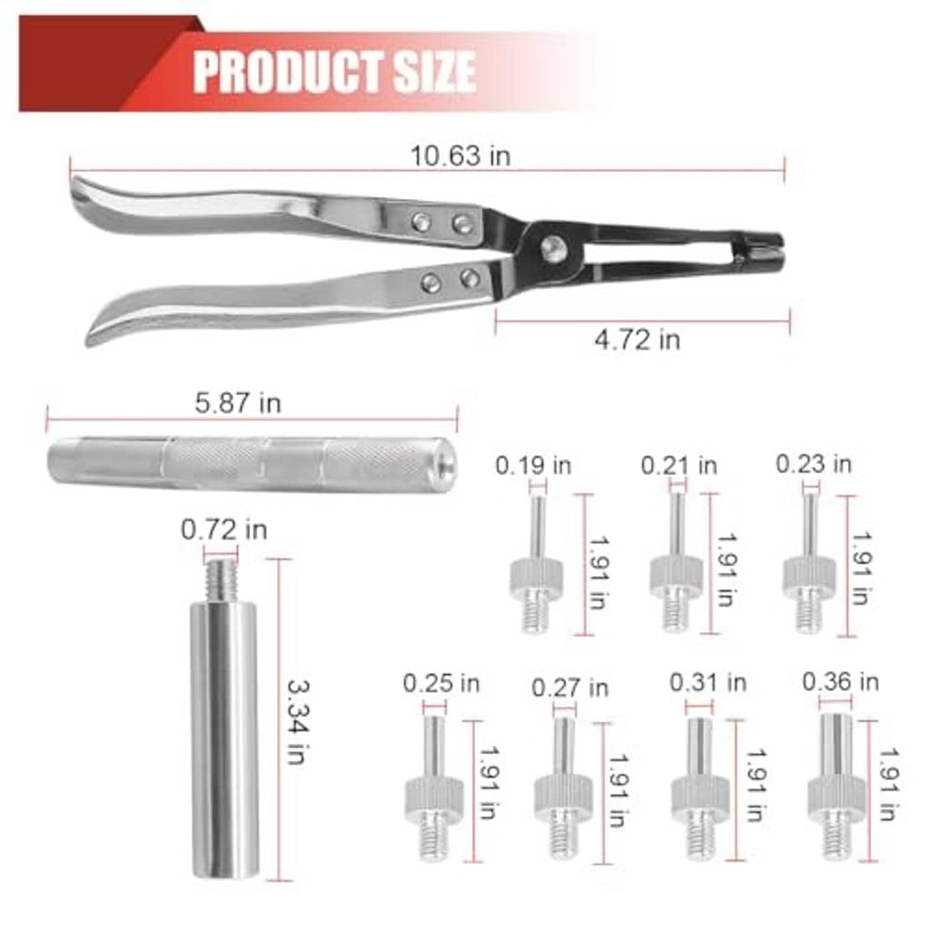 Valve stem seal tool kit with pliers and metal tips shown with size measurements