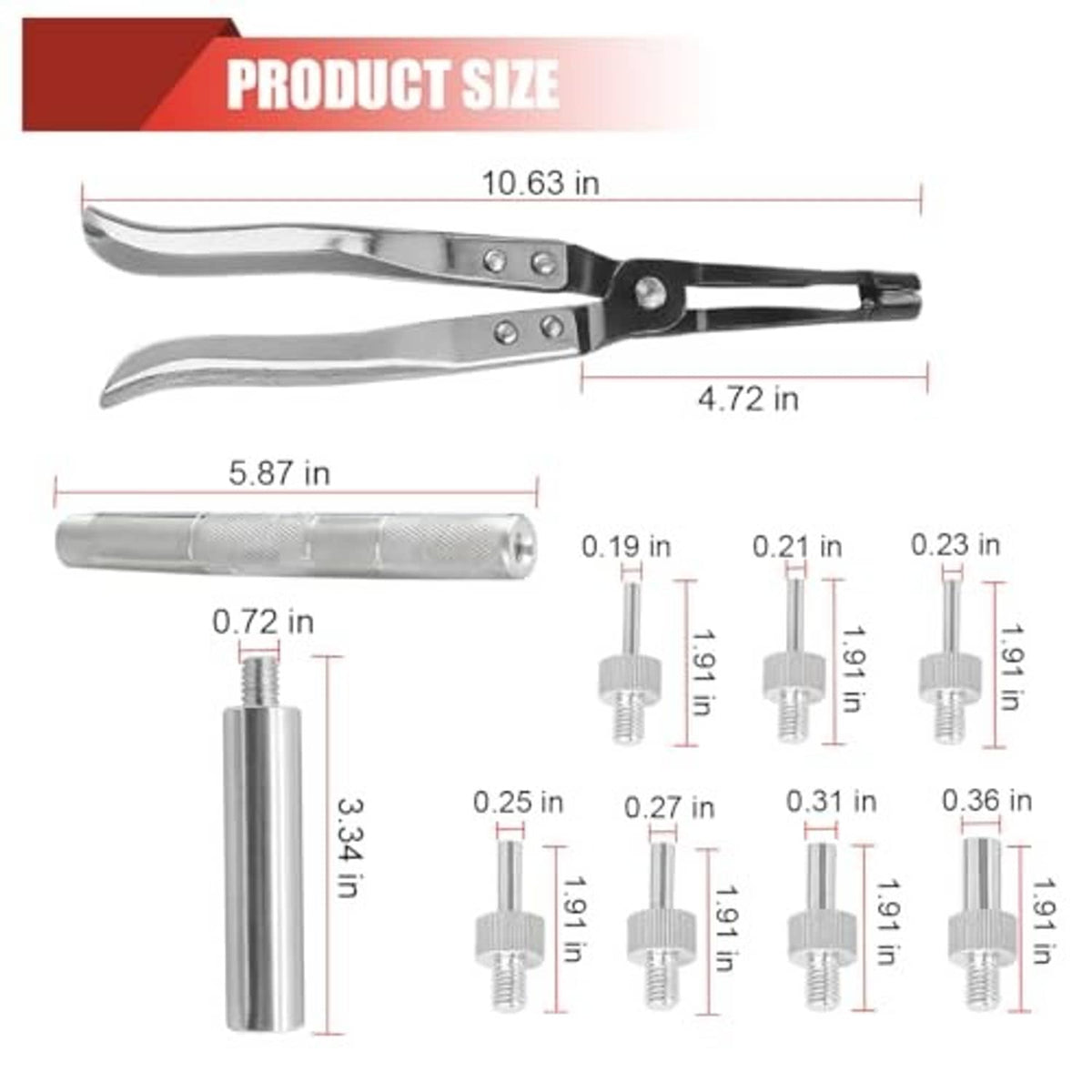 Valve stem seal tool kit with pliers and metal tips shown with size measurements