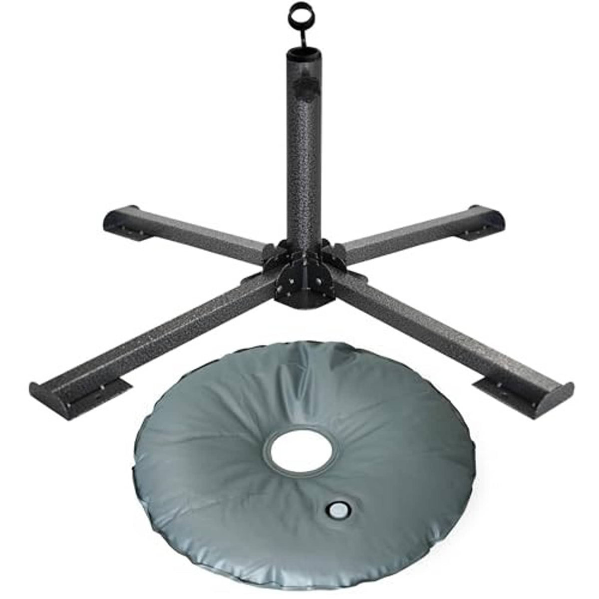 Black metal umbrella stand with cross arms and round water-weight bag