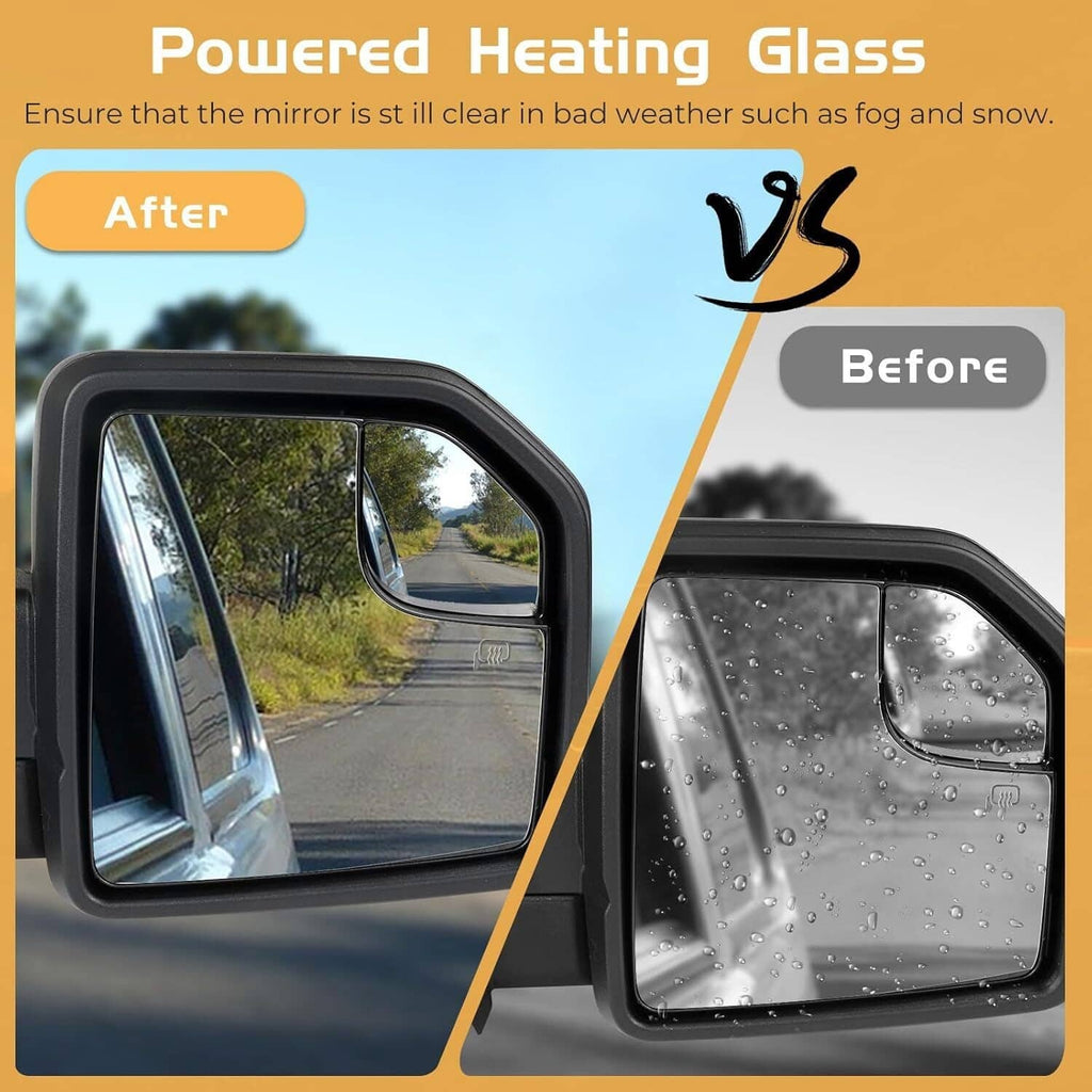 Heated mirror glass in clear and foggy comparison view inside black housing