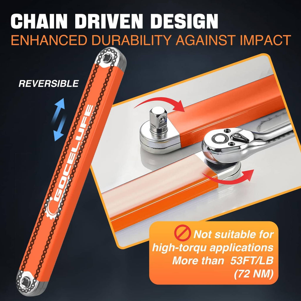 Orange offset extension wrench with chain-driven design, reversible angled head.