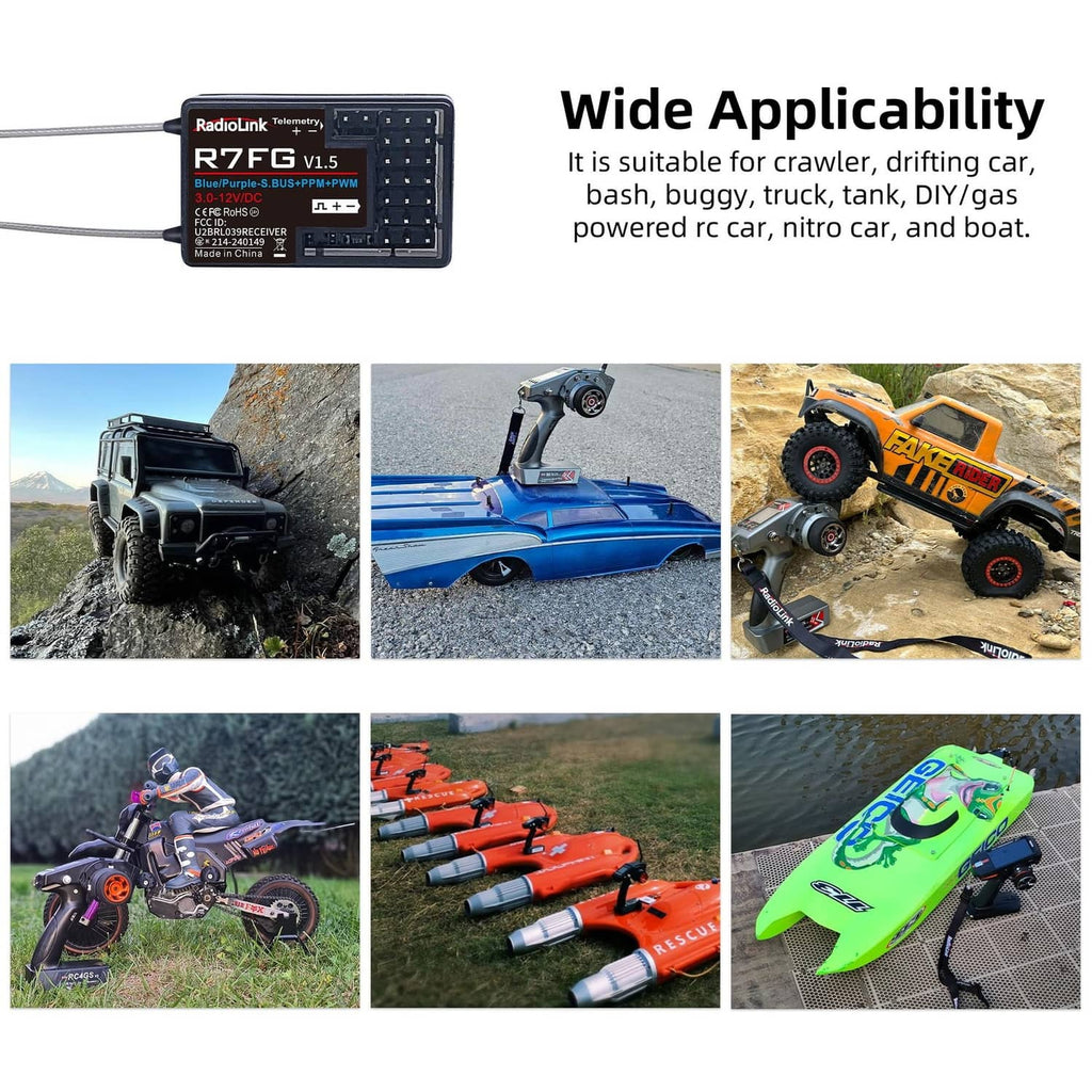 Black RC gyro receiver with telemetry label and antenna leads