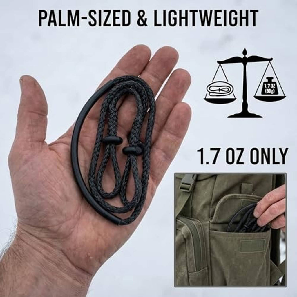 Black daisy-chain climbing strap set held in hand, compact looped profile