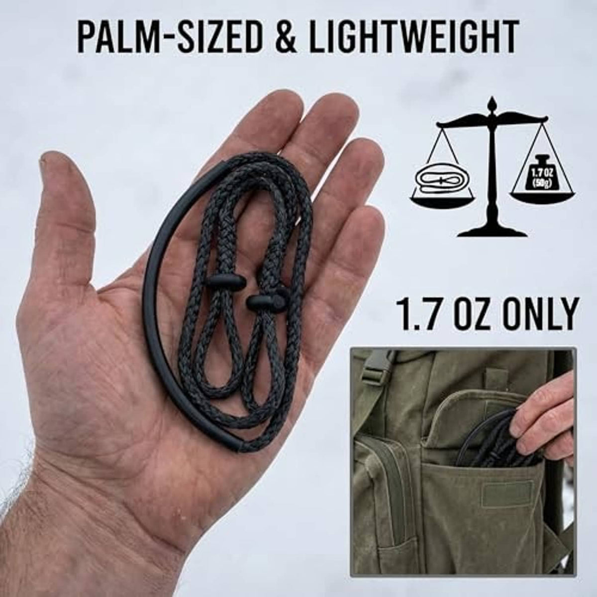 Black daisy-chain climbing strap set held in hand, compact looped profile