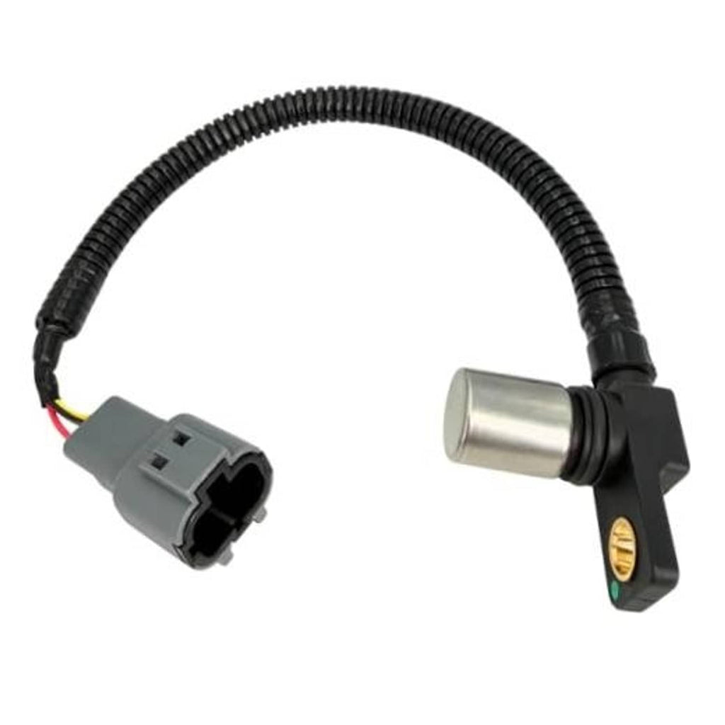 Crankshaft position sensor with gray electrical connector, black wiring harness, silver metal tip