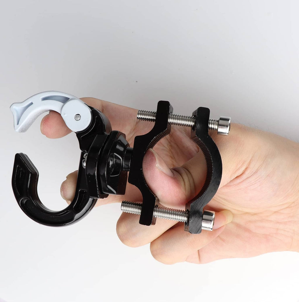 Electric scooter hanger hook being attached to a bar with adjustable screws, black and white