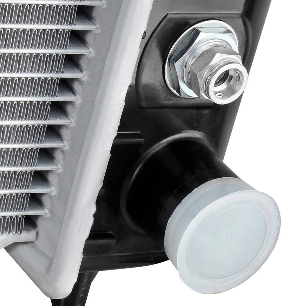 Radiator inlet fitting with black hose nipple and clear plastic cap