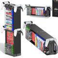 Black two-tier video game disc rack tower with controller grips on both sides