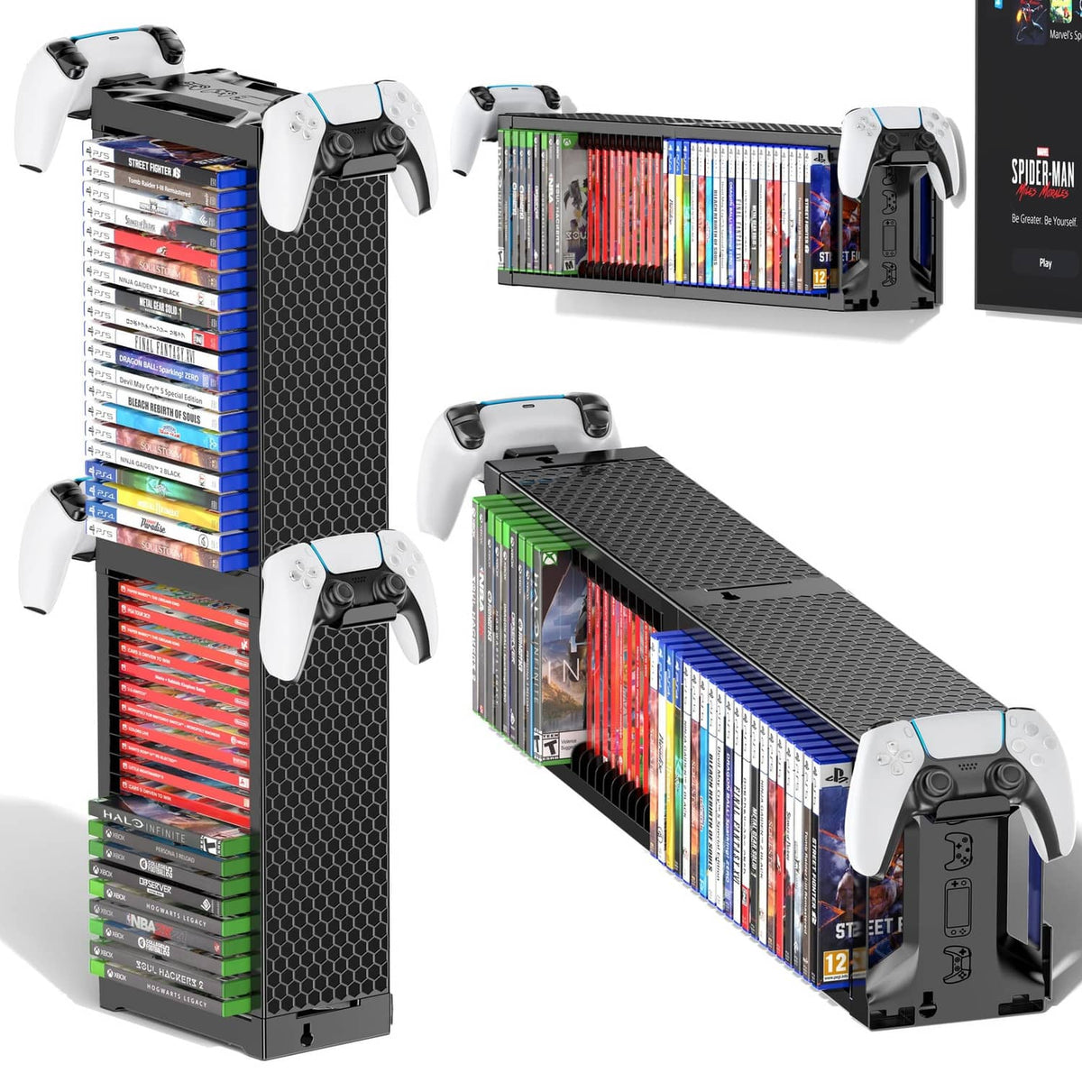 Black two-tier video game disc rack tower with controller grips on both sides