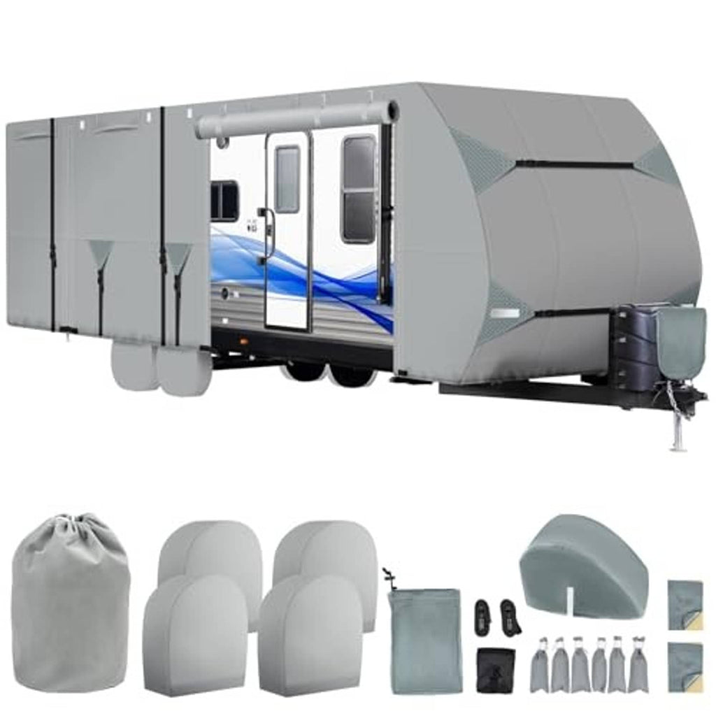 Gray travel trailer RV cover with included storage bag, wheel covers, and access panels