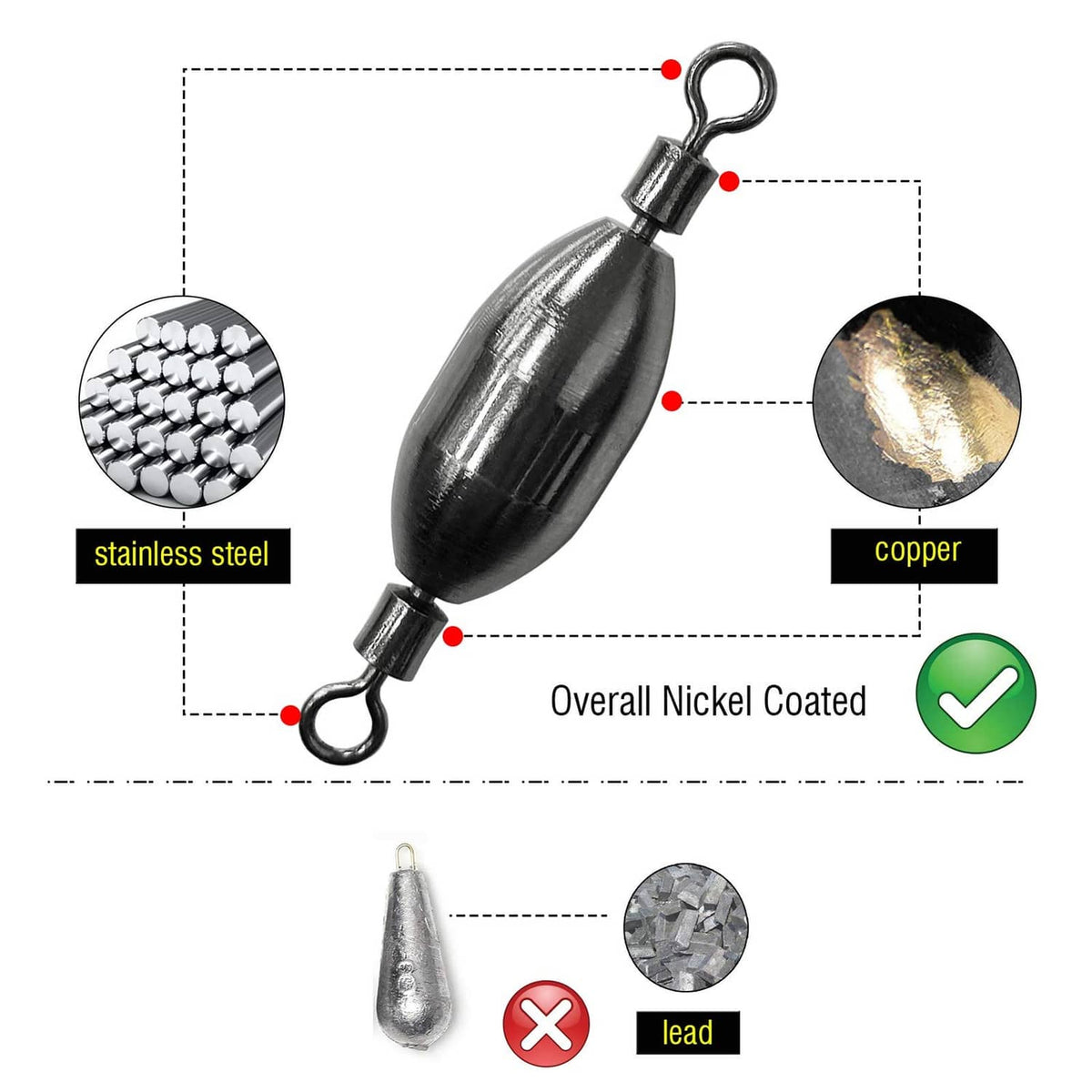 Nickel-coated saltwater fishing weight swivel with top loop and bottom hook