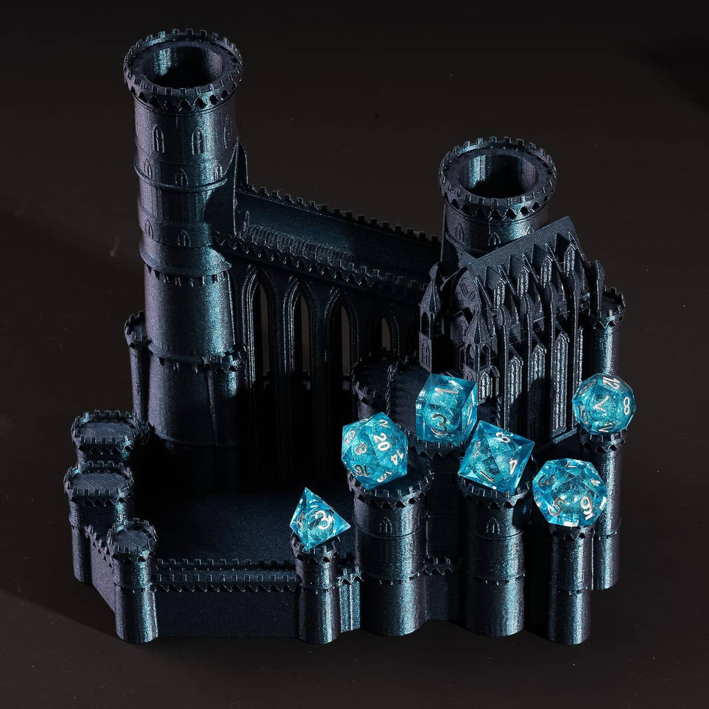 Blue liquid-core D&D dice set with multiple numbered dice on a dark display