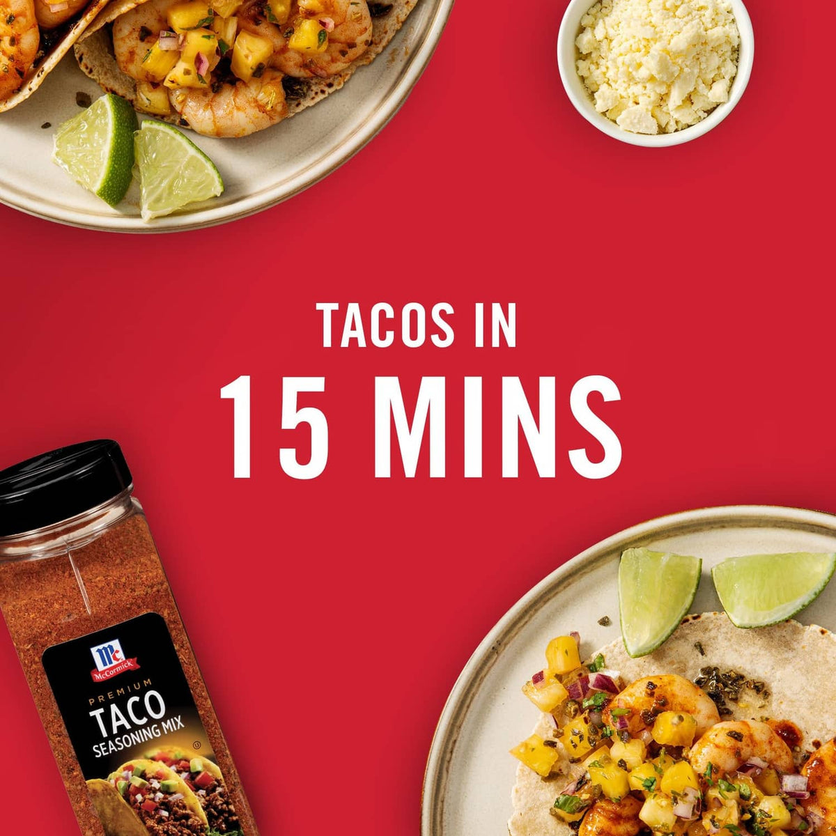McCormick Taco Seasoning Mix jar partially shown beside tacos with lime wedges