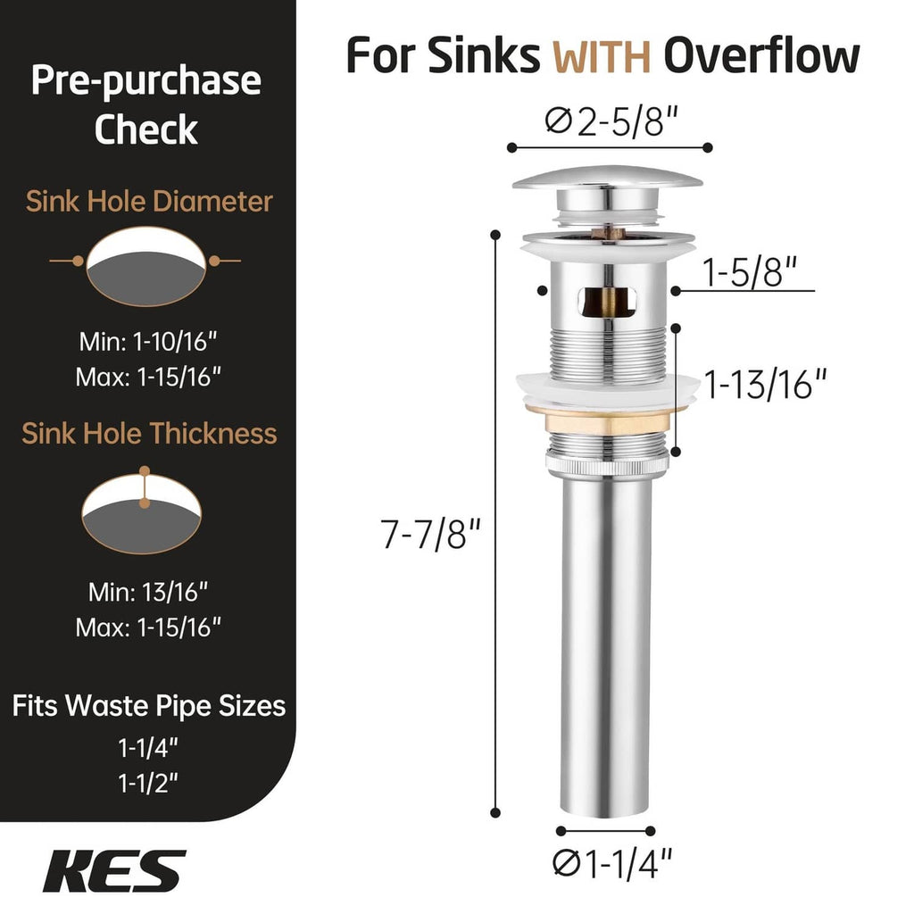 Bathroom sink drain with overflow, size and sink-hole fit chart